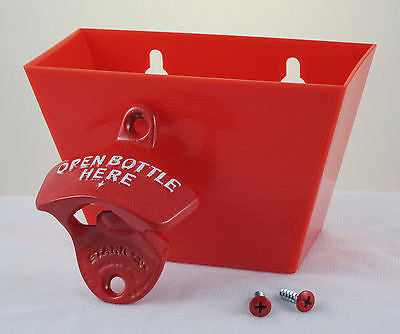 Red Open Bottle Here Wall Bottle Opener and Cap Catcher