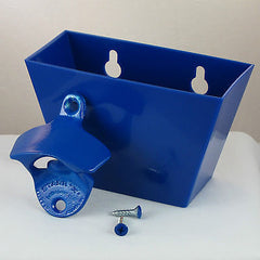 Blue PLAIN Combo Starr Wall Mount Bottle Opener And Blue Plastic Cap Catcher Set