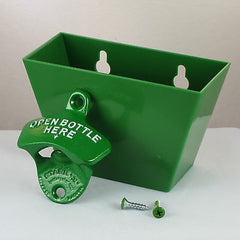 Green OPEN BOTTLE HERE Combo Wall Mount Bottle Opener And Green Cap Catcher Set