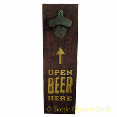 “Open Beer Here” Engraved Wood Plank With Rustic Starr X Bottle Opener